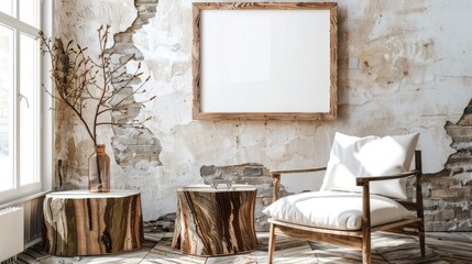 Lounge Chair And Wood Stump Side Table With Empty Blank Mock Up Frame, Rustic Minimalist Home Interior