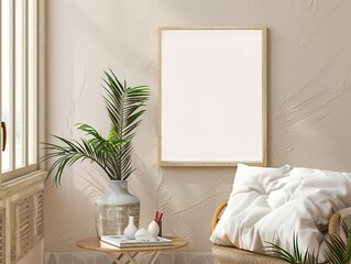Empty wooden picture frame mockup hanging on beige wall background.