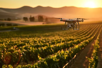 Fotobehang Drone Surveying Vineyard at Sunset. © Peeradontax