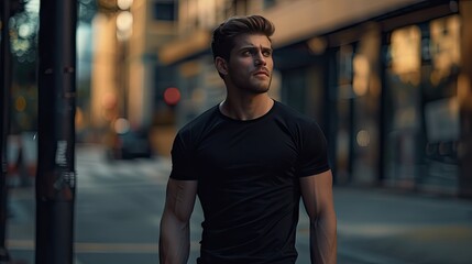 Male Model In A Black Cotton T-Shirt At The City Street