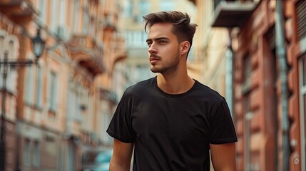 Male Model In A Black Cotton T-Shirt At The City Street