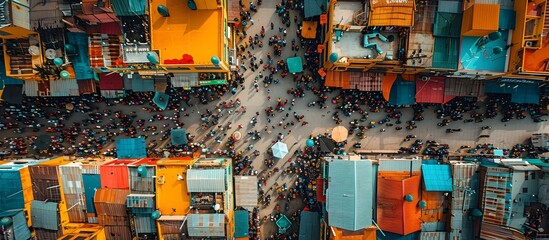 Aerial View of Vibrant City Street with Containers and Bustling Crowds, To capture the energy and vibrancy of a city street with a unique aerial