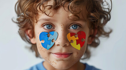 Autism Awareness Day, 2 April,  a child with colorful puzzle around the face, Autism Spectrum Disorder concept, ASD, Syndrome, Symptoms, Copy space