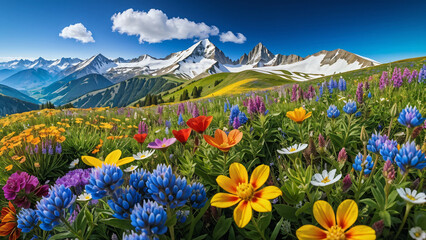 Alpine Meadow: Rolling hills adorned with a tapestry of wildflowers in a rainbow of colors. Snow-capped peaks loom in the distance, providing a stunning backdrop to nature's canvas,Generative AI