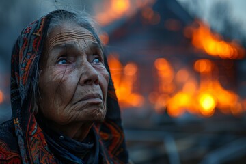 Fototapeta premium Sad senior woman with tears, burning house backdrop, flames visible