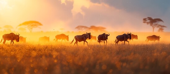 Wildebeest Herd at Sunrise on the African Savannah, To showcase the raw beauty and power of wildebeest in their natural habitat, the African - obrazy, fototapety, plakaty