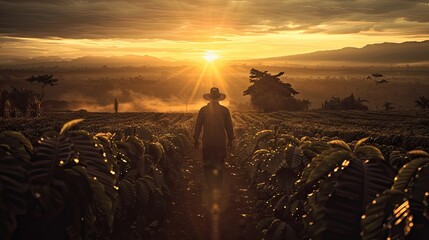 Man With Hat Walking Through A Coffee Field At Sunrise