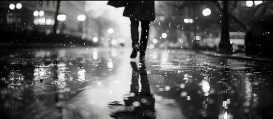 Woman Walking in Rainy City Street, To convey a mood of solitude and contemplation in the midst of urban life, this image would be suitable for use - obrazy, fototapety, plakaty