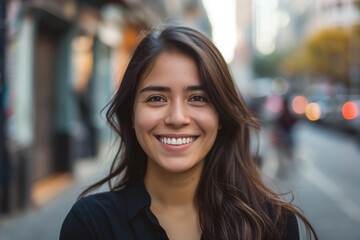 A radiant young Latin American woman smiles on a bustling city street, her casual business attire blending with the urban vibe.