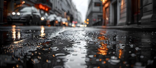 Rainy Street Puddles Reflecting City Lights, To convey an atmosphere of solitude and contemplation in urban life during rainy weather - obrazy, fototapety, plakaty