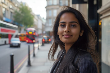 Portrait of a young Indian woman outdoors in London, with a blurred cityscape and red buses in the background, exuding confidence and poise.