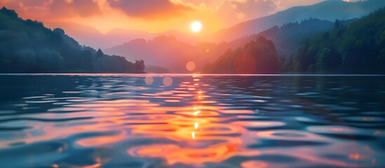 Sunset Over Mountain Lake with Reflection, To provide a calming and peaceful background or wallpaper for use in advertising, marketing, social media, - obrazy, fototapety, plakaty