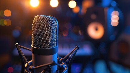 Microphone In A Studio With Spot Lights On Background - obrazy, fototapety, plakaty