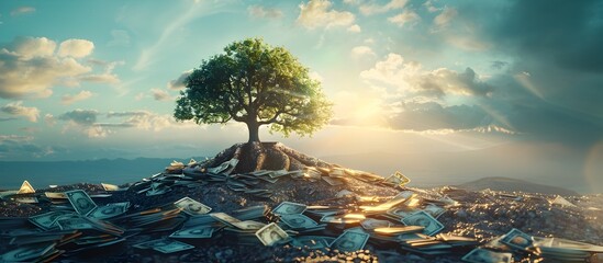 Thriving Tree Upon Gold Coins during Golden Hour - Concept Art Scene, This image is intended for use on stock photo platforms to represent investment - obrazy, fototapety, plakaty