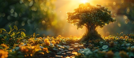 Coins Tree in Enchanted Garden created by AI, To convey the concept of financial success and capital accumulation through a visually stunning and - obrazy, fototapety, plakaty
