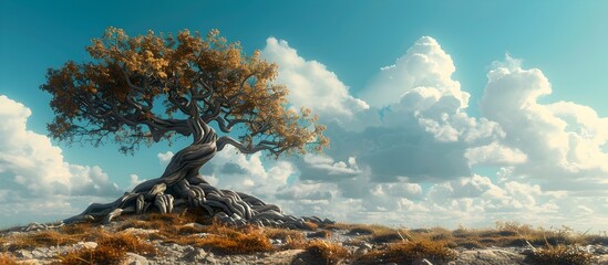 Majestic Tree against Blue Sky and White Clouds, To represent the concept of retirement planning and the strength and growth of pension funds over - obrazy, fototapety, plakaty