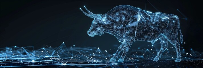 Wireframe bull on stock charts for bull market and surplus economy concept