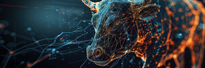 Wireframe bull on stock charts for bull market and surplus economy concept - obrazy, fototapety, plakaty