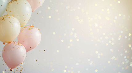 Elegant balloons with golden confetti on a soft bokeh background for a celebration.