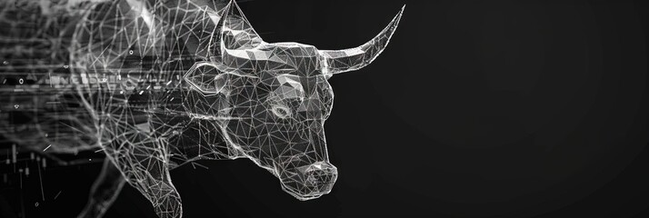 Wireframe bull on stock charts for bull market and surplus economy concept - obrazy, fototapety, plakaty