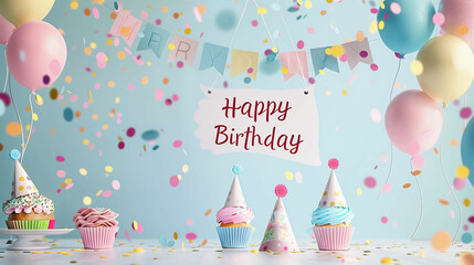 A whimsical birthday cake with candles and balloons, surrounded by stars and clouds on a dreamy background.