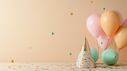 Pastel balloons and a party hat on a creamy background with colorful confetti, ready for a festive occasion.
