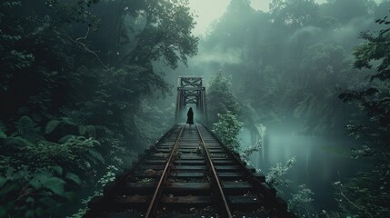 Misty Forest Railroad Bridge With A Lone Woman Walking