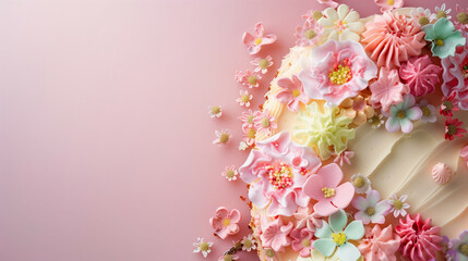 A beautifully decorated birthday cake with floral icing details on a soft pink background.