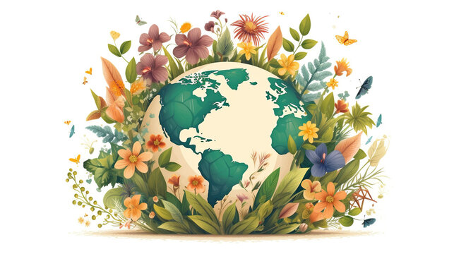 Earth planet with plants, flowers and insects around. earth day concept. World environment day background. Save the earth. 22 april, colorful flowers and ecology concept surrounding earth globe 