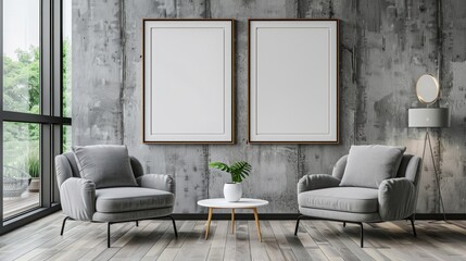 Mock Up Posters Frame On Wall In Modern Interior Background, Living Room