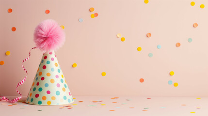 A playful party hat with pink pom-pom and colorful polka dots, against a pastel pink background with confetti.