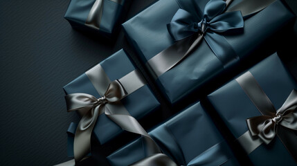 Luxurious navy blue gift boxes with silver ribbons on a textured dark background.