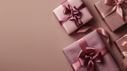 Obraz na płótnie Canvas A collection of elegant pink gift boxes with satin ribbons on a matching pink background with copy space.