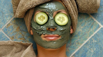 Woman with mud mask, cucumbers on eyes and brown towel on her head during spa day for health and...