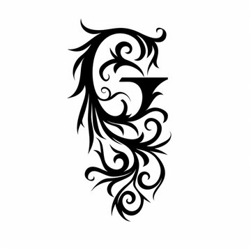 The black simple tattoo in the form of the letter G from the ornament in gothic style on a white background. AI generative.