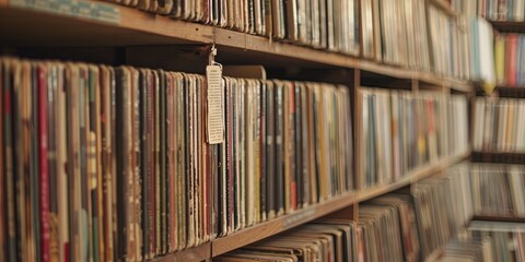 Shelves lined with rows of old vinyl records - aged yellow, the paper sleeves reveal music of the past