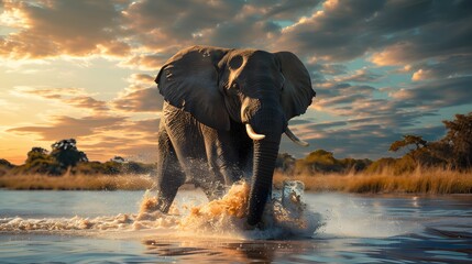 African elephant running through the water in a river in africa during a safari