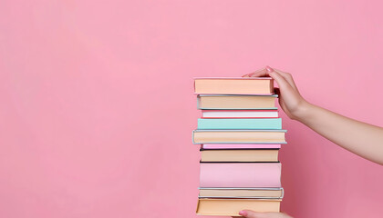 a woman holding a stack of books, empty room, library, student.