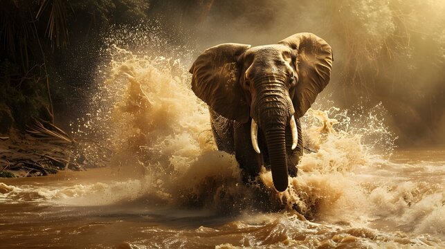 African elephant running through the water in a river in africa during a safari