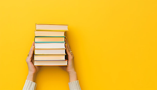 a woman holding a stack of books, empty room, library, student.