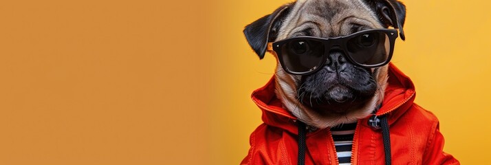 Pug Dog wearing sunglasses and trendy fashionable jacket on solid background with copy space