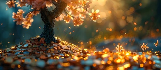 Golden Tree Blooming Over a Hill of Coins, To convey the concept of savings and growth through the symbolism of a strong tree blooming over a hill of - obrazy, fototapety, plakaty