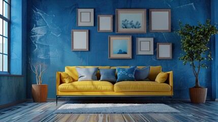 Modern Creative Living Room Interior Design Backdrop Ideas Concept House Beautiful Background Elevation Of Sofa With Decorative Photo Paint Frame Full Wall Background,Ai Generate