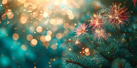 A Vibrant New Year's Celebration with Fireworks and Sparkles on a Green Background - Room for Text. Concept New Year's Celebration, Fireworks, Sparkles, Green Background, Room for Text