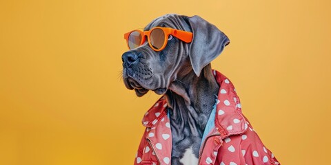 Great Dane Dog wearing sunglasses and trendy fashionable jacket on solid background with copy space - obrazy, fototapety, plakaty