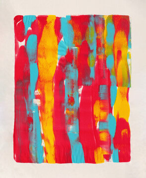 Messy acrylic monoprint in red, yellow and pale blue