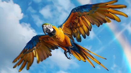 blue and yellow macaw and rainbow in the sky generated by ai - Powered by Adobe