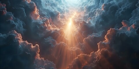 Angelic Scene: Heavenly Light Illuminating Earth with Angels Surrounding a Beautiful Cloudy Sky. Concept Angel Portraits, Celestial Photoshoot, Ethereal Light Photography, Spiritual Imagery