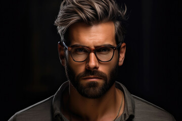 Fototapeta premium Intense close-up of a man with a stylish quiff and beard, wearing clear framed glasses, against a dark, shadowy background emphasizing his strong features.