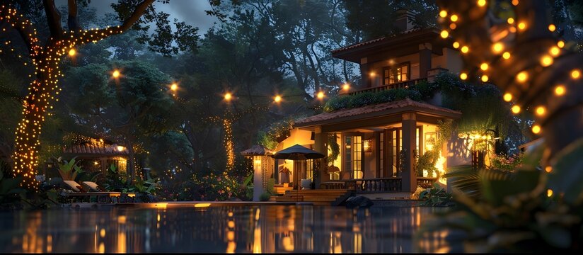 Romantic Indian Bungalow Pool Area with Fairy Lights at Night, To provide a high-quality, visually appealing stock photo of a romantic and exotic